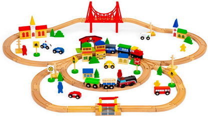 Pista Multifunctionala din Lemn Natural The JoyFul Town idealSTORE, Include 89 elemente Interesante, Vehicule, Indicatoare Rutiere, Cladiri, Copaci, Locomotiva Electrica, Stimuleaza Creativitatea si imaginatia Copilului