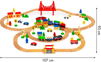 Pista Multifunctionala din Lemn Natural The JoyFul Town idealSTORE, Include 89 elemente Interesante, Vehicule, Indicatoare Rutiere, Cladiri, Copaci, Locomotiva Electrica, Stimuleaza Creativitatea si imaginatia Copilului