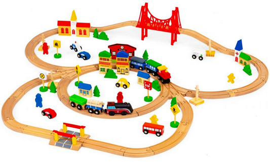 Pista Multifunctionala din Lemn Natural The JoyFul Town idealSTORE, Include 89 elemente Interesante, Vehicule, Indicatoare Rutiere, Cladiri, Copaci, Locomotiva Electrica, Stimuleaza Creativitatea si imaginatia Copilului