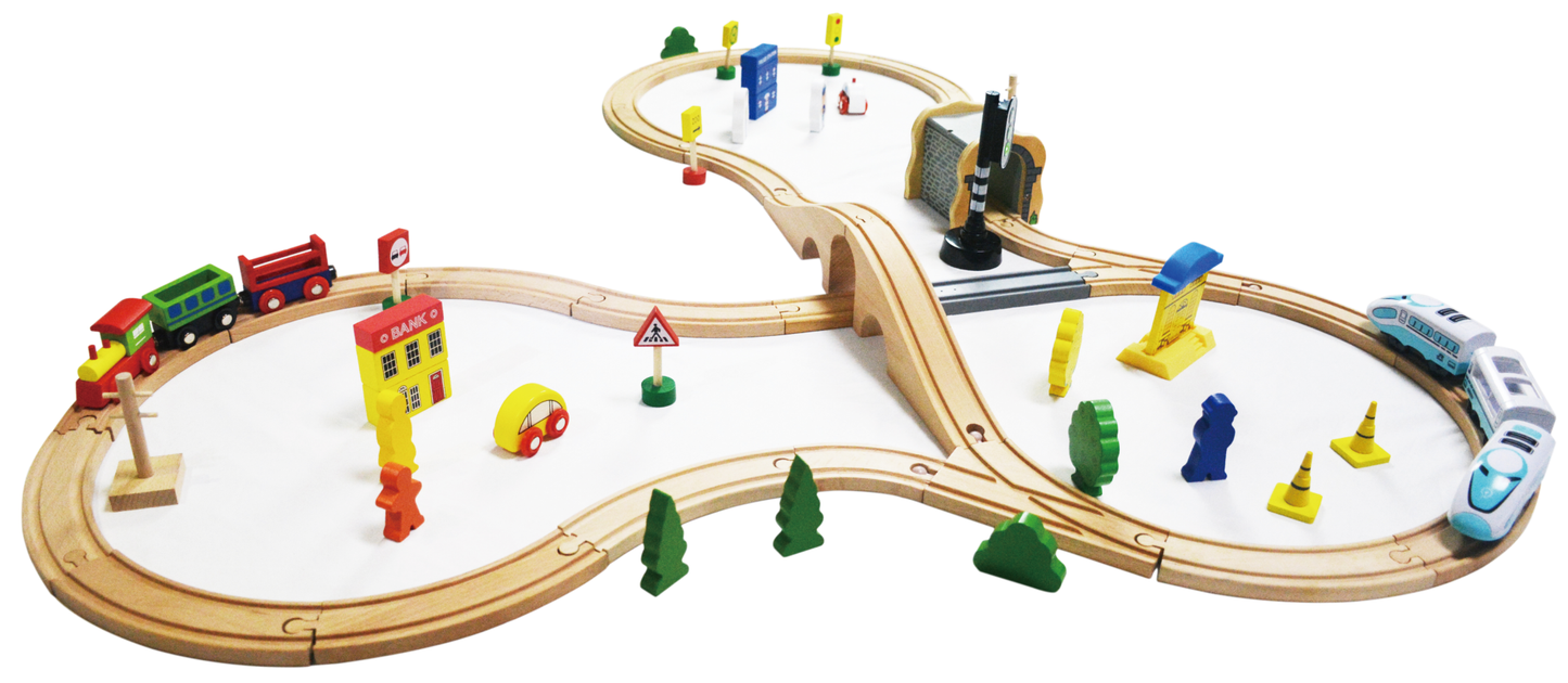 Pista Multifunctionala din Lemn Natural idealSTORE, Include 68 elemente, Vehicule, Indicatoare Rutiere Cladiri, Copaci, Locomotiva Electrica, Tufisuri, Stimuleaza Abilitatile Motorii