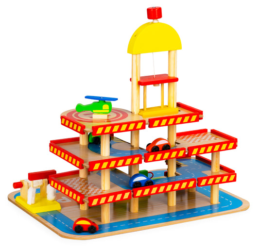 Set de joaca pentru copii Royal Drive Park IdealStore, Dimensiune 50 X 39 X 47, Din lemn pe 3 nivele, Ascensor mobil, Accesorizata cu elicopter, masinute, spalatorie, balustrade, statie de petrol