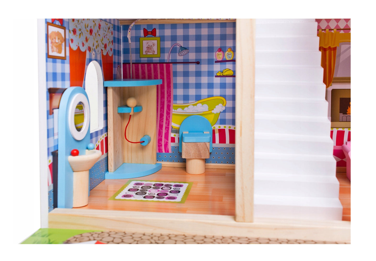 Casuta de papusi din lemn idealSTORE FABULOUS RESIDENCE, Accesorizata cu lumina LED, Dimensiuni 90 x 60 x 30 cm, Constructie pe 3 nivele, Include 3 camere, piscina si 14 piese de mobilier