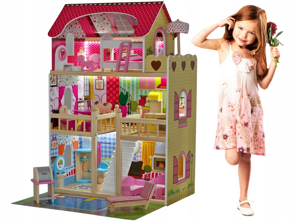 Casuta de papusi din lemn idealSTORE FABULOUS RESIDENCE, Accesorizata cu lumina LED, Dimensiuni 90 x 60 x 30 cm, Constructie pe 3 nivele, Include 3 camere, piscina si 14 piese de mobilier