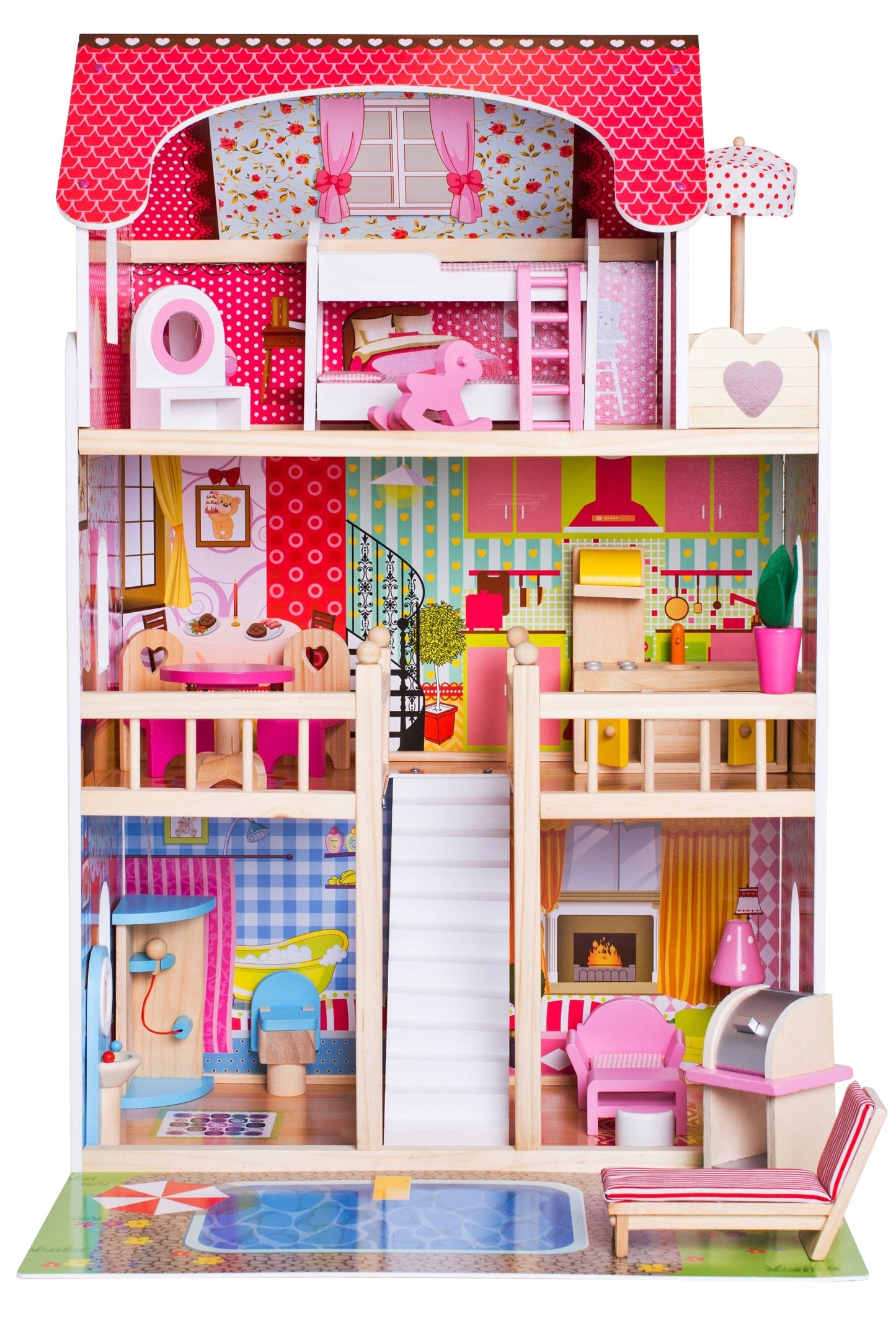 Casuta de papusi din lemn idealSTORE FABULOUS RESIDENCE, Accesorizata cu lumina LED, Dimensiuni 90 x 60 x 30 cm, Constructie pe 3 nivele, Include 3 camere, piscina si 14 piese de mobilier