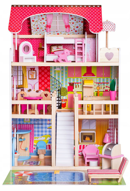 Casuta de papusi din lemn idealSTORE FABULOUS RESIDENCE, Accesorizata cu lumina LED, Dimensiuni 90 x 60 x 30 cm, Constructie pe 3 nivele, Include 3 camere, piscina si 14 piese de mobilier