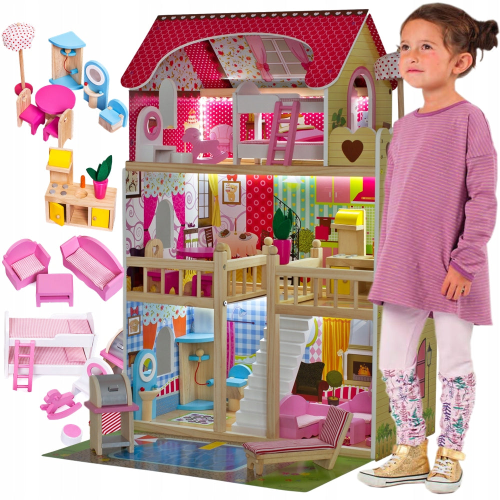 Casuta de papusi din lemn idealSTORE FABULOUS RESIDENCE, Accesorizata cu lumina LED, Dimensiuni 90 x 60 x 30 cm, Constructie pe 3 nivele, Include 3 camere, piscina si 14 piese de mobilier