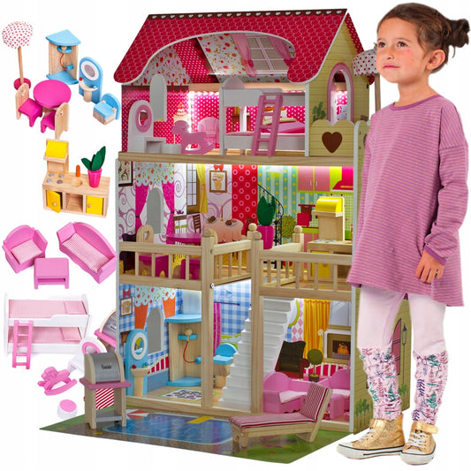 Casuta de papusi din lemn idealSTORE FABULOUS RESIDENCE, Accesorizata cu lumina LED, Dimensiuni 90 x 60 x 30 cm, Constructie pe 3 nivele, Include 3 camere, piscina si 14 piese de mobilier