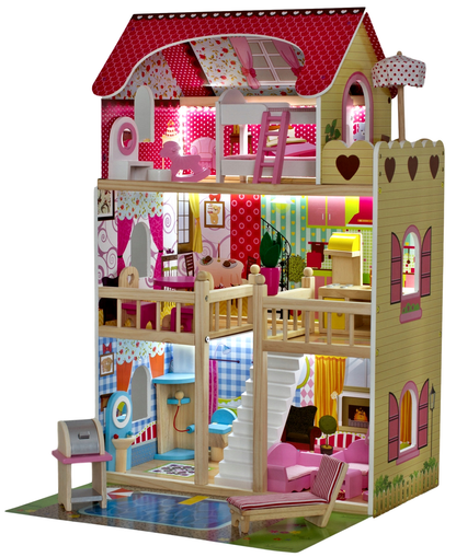 Casuta de papusi din lemn idealSTORE FABULOUS RESIDENCE, Accesorizata cu lumina LED, Dimensiuni 90 x 60 x 30 cm, Constructie pe 3 nivele, Include 3 camere, piscina si 14 piese de mobilier