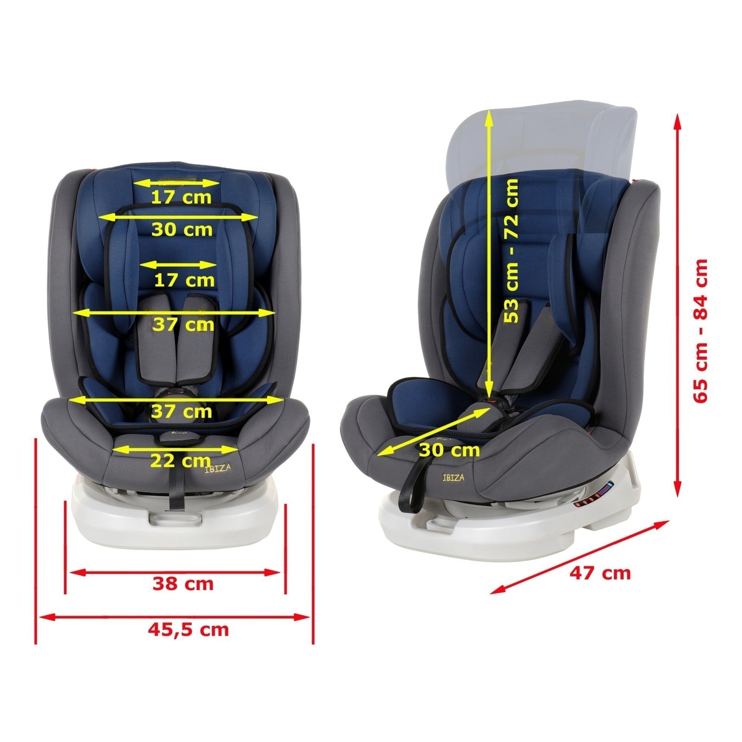 Scaun Auto Profesional Dedicat Pentru Copil, Baby Jolie IBIZA IDL Collection, 3 grupe de greutate 0-36 Kg, Rotire 360 Grade, Centuri de Siguranta in 5 Puncte, Reglarea Inaltimii, Tetierei, Spatarului, Albastru Inchis