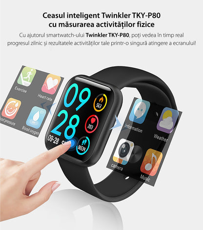 Ceas Smartwatch si Bratara Fitness idealPRO Max8.0 Black cu functie de monitorizare tensiune arteriala ritm cardiac, Monitorizare somn, Nivel oxigen, Notificari Apel/Sms, alaturi de bratara de silicon neagra
