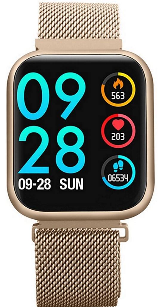 Ceas Smartwatch si Bratara Fitness idealPRO Max8.0 Gold cu functie de monitorizare tensiune arteriala, ritm cardiac, Monitorizare somn, Nivel oxigen, Notificari Apel/Sms, alaturi de bratara de silicon champagne gold