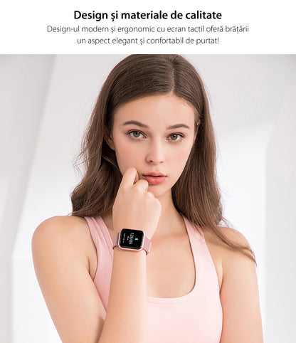 Ceas Smartwatch si Bratara Fitness idealPRO Max8.0 Pink cu functie de monitorizare tensiune arteriala ritm cardiac, Monitorizare somn, Nivel oxigen, Notificari Apel/Sms, alaturi de bratara de silicon roz