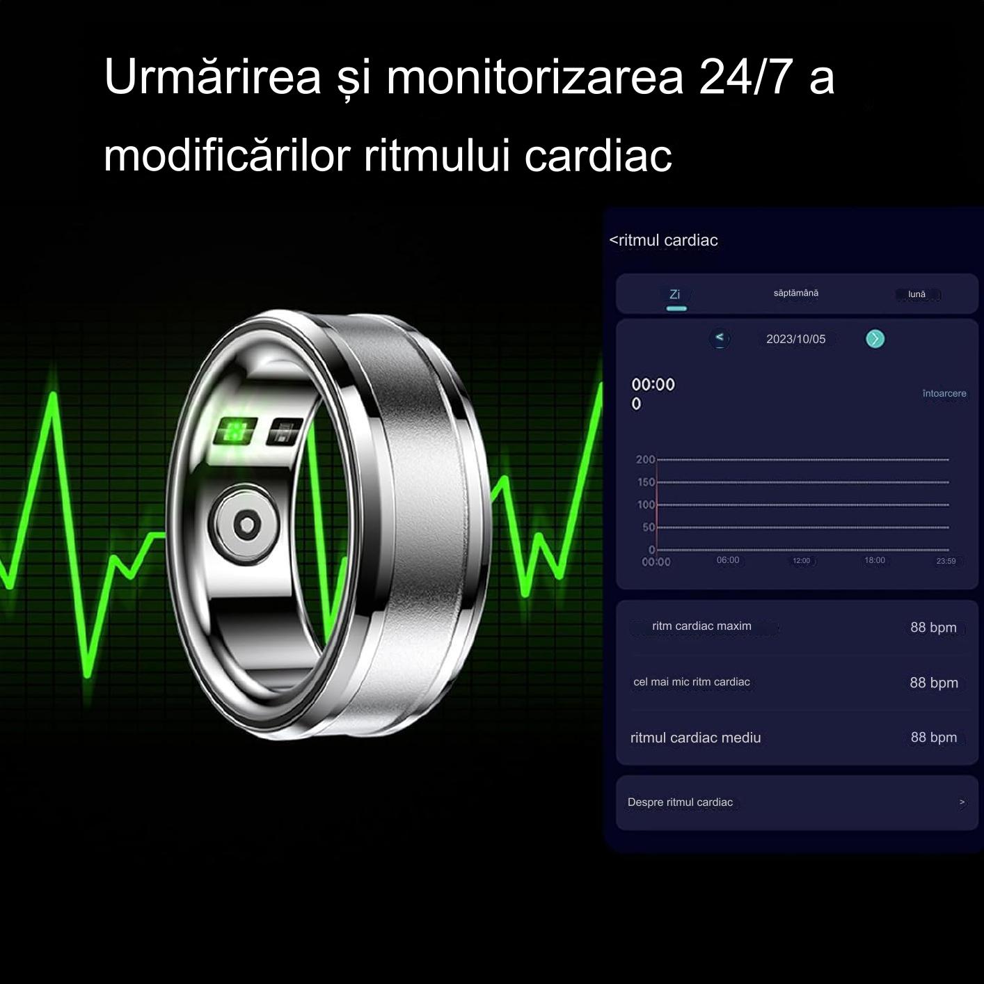 Inel Inteligent idealSTORE BetaSmart, Unisex, Monitorizare Ritm Cardiac, Temperatura, Oxigen, Somn, Mod multi-sport, Inregistrare Pasi si Activitate Fitness, Desing Modern, 20 mm Silver