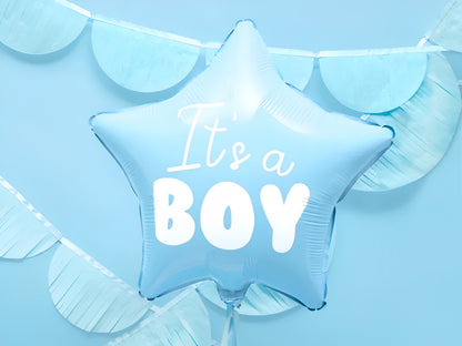 Balon It's a Boy IdealStore, Din folie in forma de stea, De culoare albastru cu impriumeu alb, Dimensiune 48 cm, Poate fi umflat atat cu Aer cat si cu Heliu, Ideal pentru petrecerea Baby Shower