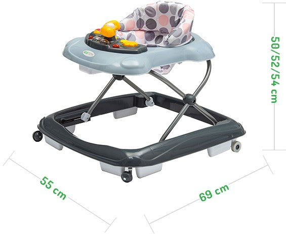 Premergator Interactiv IDL Primul Pas pliabil pentru bebelusi cu panou muzical, inaltime reglabila, roti spate cu blocare si sistem de siguranta anti-cadere pentru copil, Culoare Gri