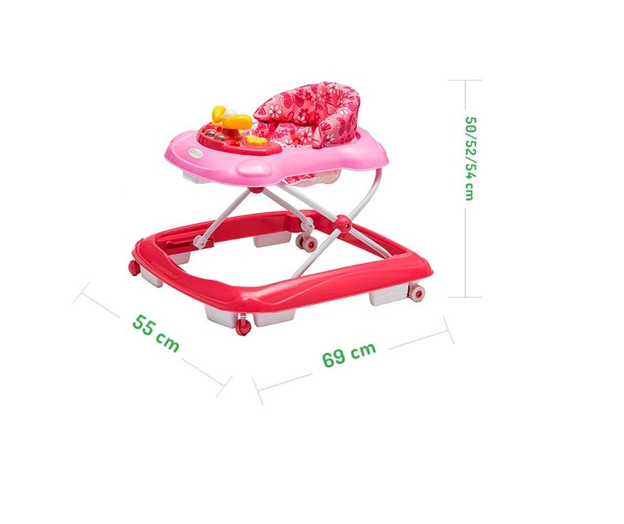 Premergator Interactiv IDL Primul Pas pliabil pentru bebelusi cu panou muzical, inaltime reglabila, roti spate cu blocare si sistem de siguranta anti-cadere pentru copil, Culoare Roz