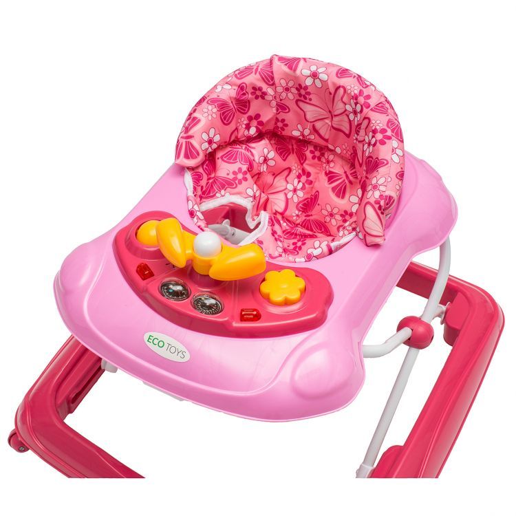 Premergator Interactiv IDL Primul Pas pliabil pentru bebelusi cu panou muzical, inaltime reglabila, roti spate cu blocare si sistem de siguranta anti-cadere pentru copil, Culoare Roz