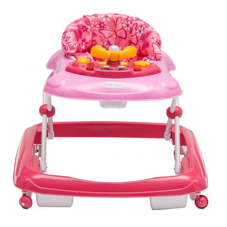 Premergator Interactiv IDL Primul Pas pliabil pentru bebelusi cu panou muzical, inaltime reglabila, roti spate cu blocare si sistem de siguranta anti-cadere pentru copil, Culoare Roz
