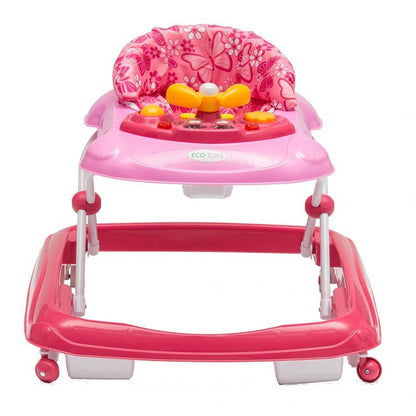 Premergator Interactiv IDL Primul Pas pliabil pentru bebelusi cu panou muzical, inaltime reglabila, roti spate cu blocare si sistem de siguranta anti-cadere pentru copil, Culoare Roz
