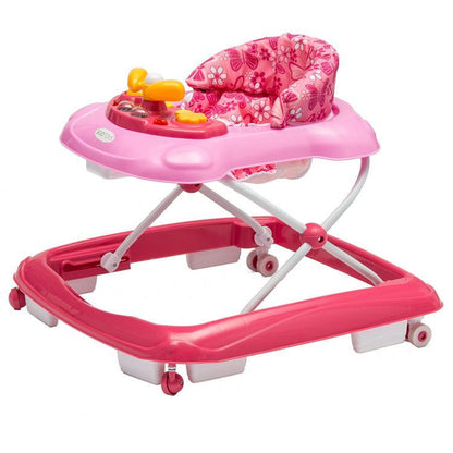 Premergator Interactiv IDL Primul Pas pliabil pentru bebelusi cu panou muzical, inaltime reglabila, roti spate cu blocare si sistem de siguranta anti-cadere pentru copil, Culoare Roz