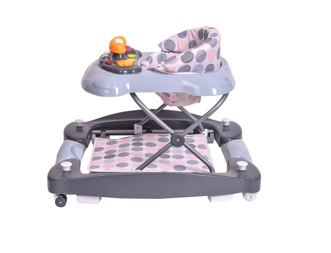 Premergator Interactiv IDL Baby Step pliabil pentru bebelusi cu panou Interactiv, inaltime reglabila, functie basculanta, roti spate cu blocare si sistem de siguranta anti-cadere pentru copil, Culoare Gri