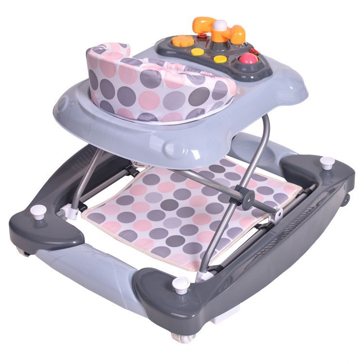 Premergator Interactiv IDL Baby Step pliabil pentru bebelusi cu panou Interactiv, inaltime reglabila, functie basculanta, roti spate cu blocare si sistem de siguranta anti-cadere pentru copil, Culoare Gri