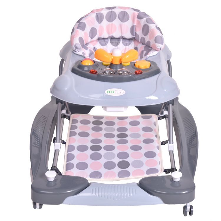 Premergator Interactiv IDL Baby Step pliabil pentru bebelusi cu panou Interactiv, inaltime reglabila, functie basculanta, roti spate cu blocare si sistem de siguranta anti-cadere pentru copil, Culoare Gri