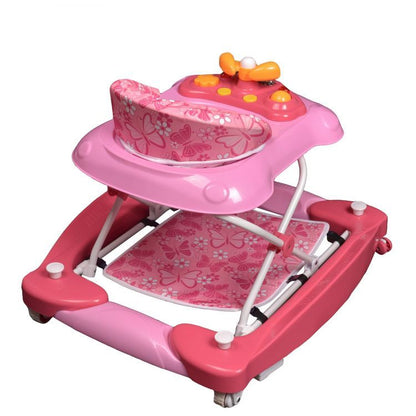 Premergator Interactiv IDL Pink Baby First Step pliabil pentru bebelusi cu panou Interactiv, inaltime reglabila, functie basculanta, roti spate cu blocare si sistem de siguranta anti-cadere pentru copil, Culoare Roz