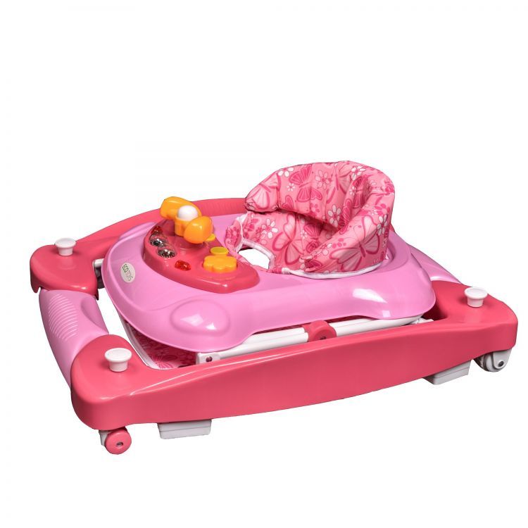 Premergator Interactiv IDL Pink Baby First Step pliabil pentru bebelusi cu panou Interactiv, inaltime reglabila, functie basculanta, roti spate cu blocare si sistem de siguranta anti-cadere pentru copil, Culoare Roz