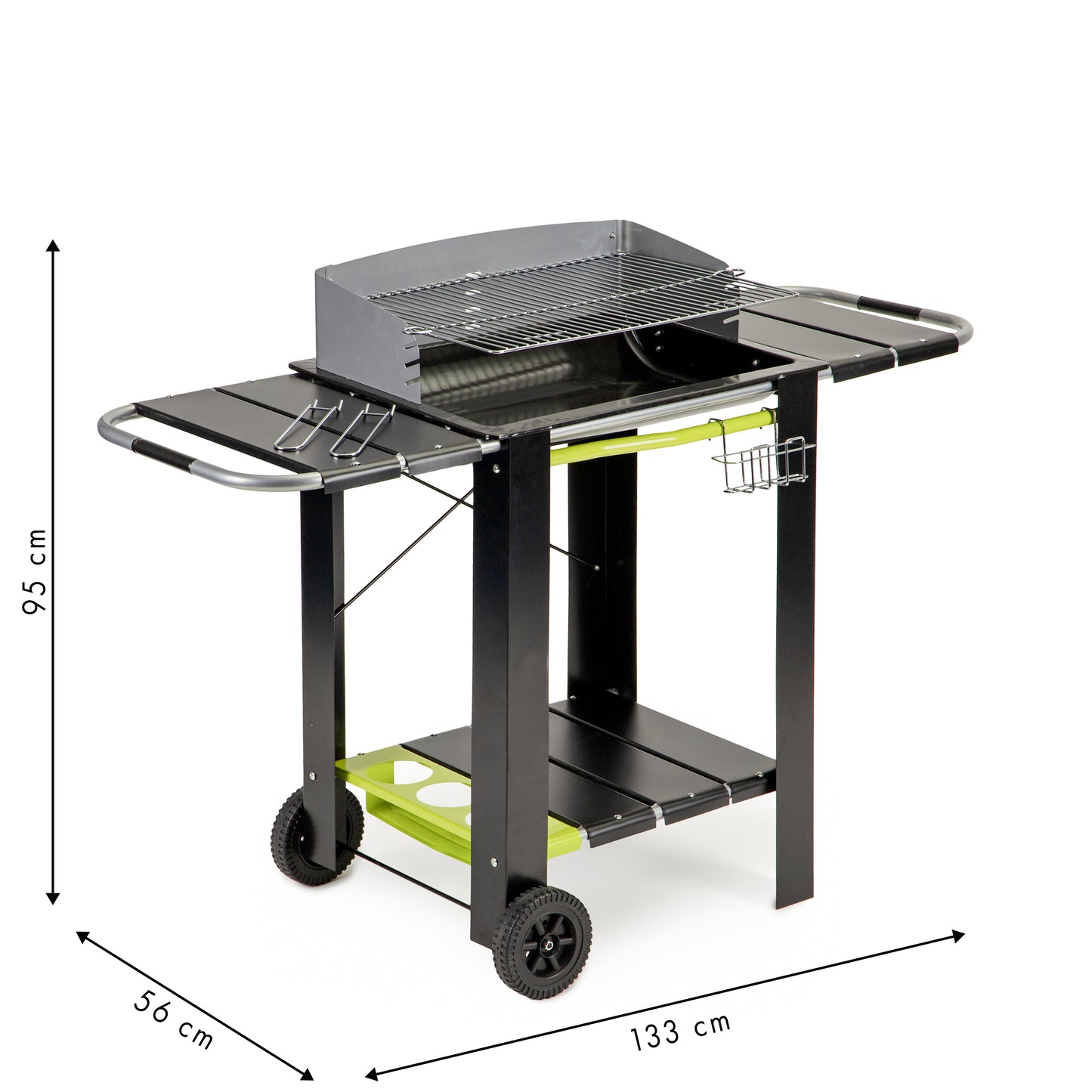 Gratar de Gradina cu Carbuni Modern Grill idealStore, Dimensiuni 133 x 56 x 95, Constructie Metalica Stabila, Rafturi Spatioase, Cos pentru Depozitare, Roti Incorporate, Sistem de Reglare al Inaltimii