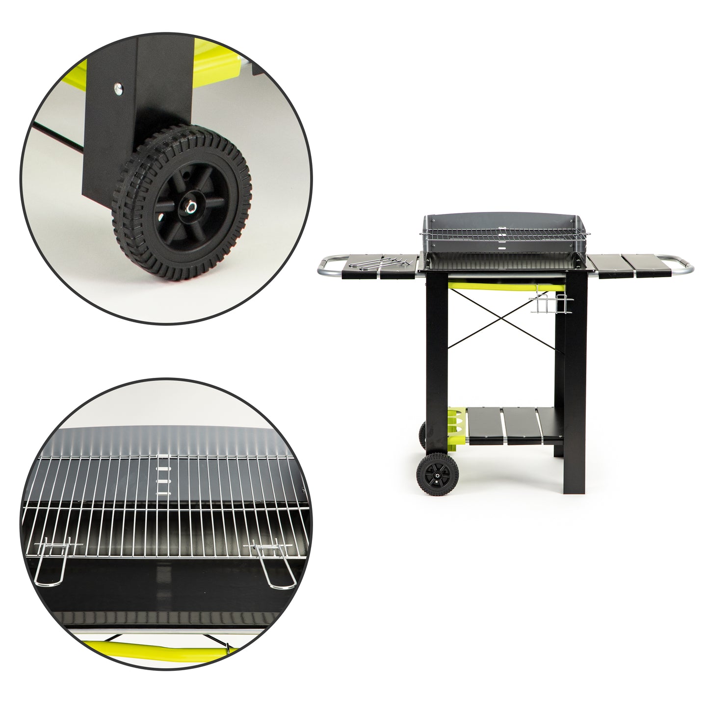 Gratar de Gradina cu Carbuni Modern Grill idealStore, Dimensiuni 133 x 56 x 95, Constructie Metalica Stabila, Rafturi Spatioase, Cos pentru Depozitare, Roti Incorporate, Sistem de Reglare al Inaltimii