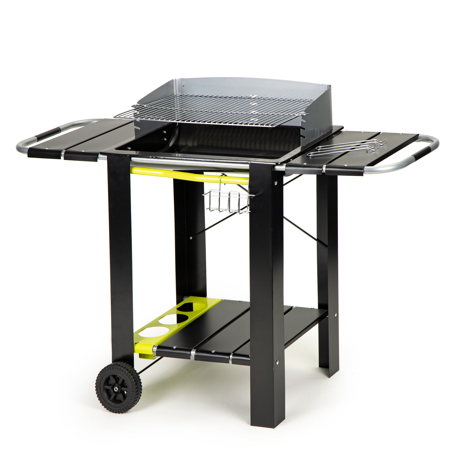 Gratar de Gradina cu Carbuni Modern Grill idealStore, Dimensiuni 133 x 56 x 95, Constructie Metalica Stabila, Rafturi Spatioase, Cos pentru Depozitare, Roti Incorporate, Sistem de Reglare al Inaltimii