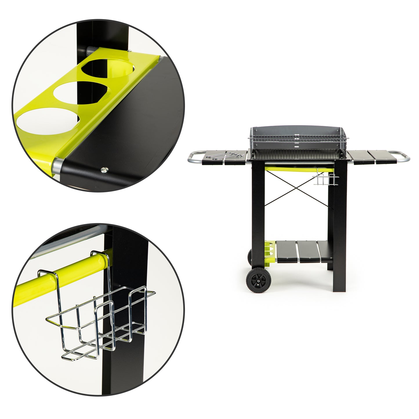 Gratar de Gradina cu Carbuni Modern Grill idealStore, Dimensiuni 133 x 56 x 95, Constructie Metalica Stabila, Rafturi Spatioase, Cos pentru Depozitare, Roti Incorporate, Sistem de Reglare al Inaltimii