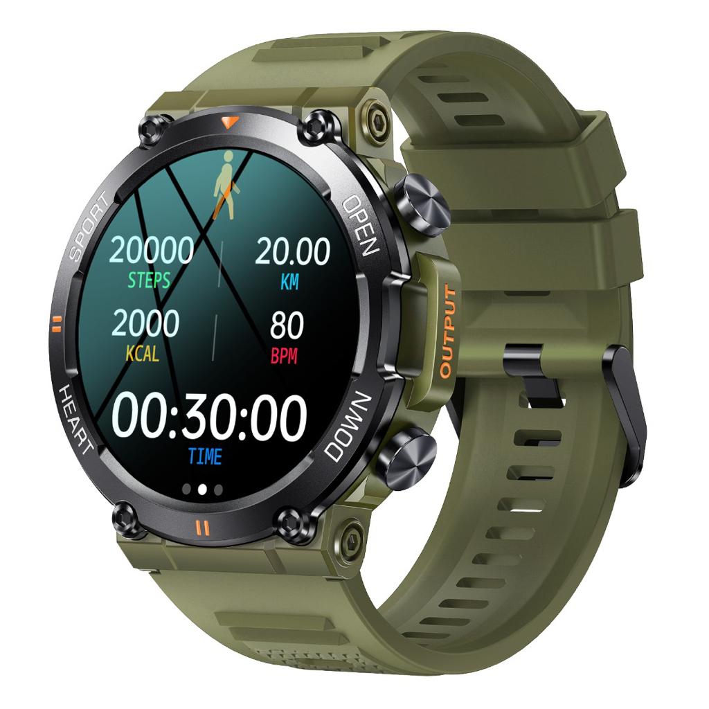 Ceas Smartwatch ARMYWatch IdealStore, Ecran tactil de 1.28 HD Inch, Functie de Preluare Apel, Difuzor si Microfon incorporat, Notificari Facebook, Whatssapp, Instagram, Rezistent la apa IP 68, Tensiune arteriala, Cronometru, Pedometru, Green Edition
