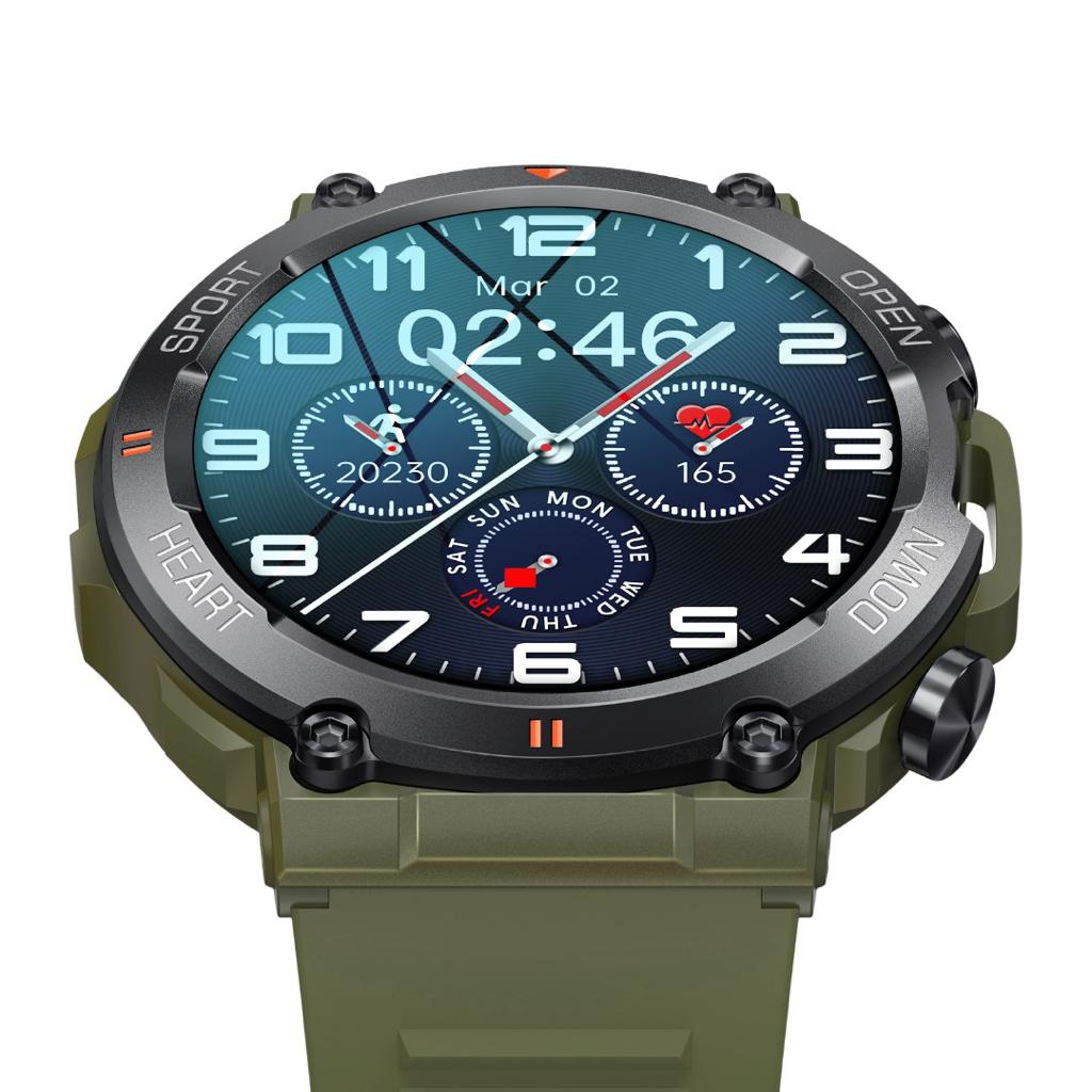 Ceas Smartwatch ARMYWatch IdealStore, Ecran tactil de 1.28 HD Inch, Functie de Preluare Apel, Difuzor si Microfon incorporat, Notificari Facebook, Whatssapp, Instagram, Rezistent la apa IP 68, Tensiune arteriala, Cronometru, Pedometru, Green Edition