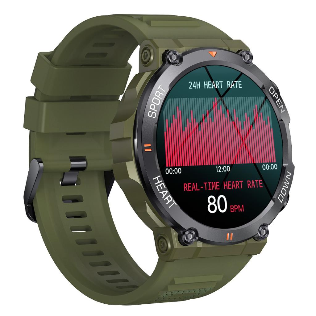 Ceas Smartwatch ARMYWatch IdealStore, Ecran tactil de 1.28 HD Inch, Functie de Preluare Apel, Difuzor si Microfon incorporat, Notificari Facebook, Whatssapp, Instagram, Rezistent la apa IP 68, Tensiune arteriala, Cronometru, Pedometru, Green Edition