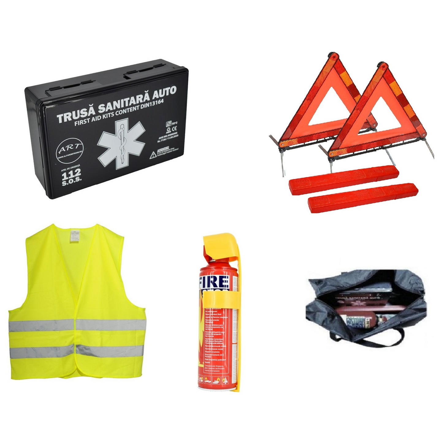 Kit siguranta auto ART, Omologat R.A.R, Valabilitate 5 ani, 1x Trusa Prim Ajutor, 2 x Triunghiuri, 1x Stingator tip Spray, 1x Vesta reflectorizanta, Geanta pentru depozitare