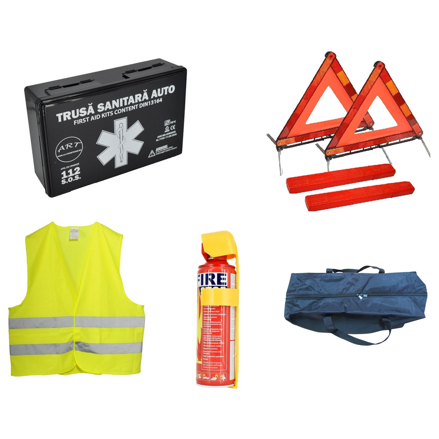 Kit siguranta auto ART, Omologat R.A.R, Valabilitate 5 ani, 1x Trusa Prim Ajutor, 2 x Triunghiuri, 1x Stingator tip Spray, 1x Vesta reflectorizanta, Geanta pentru depozitare