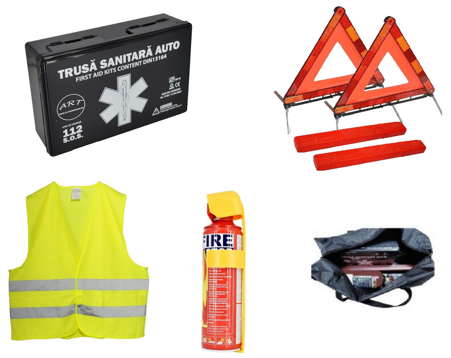 Kit siguranta auto ART, Omologat R.A.R, Valabilitate 5 ani, 1x Trusa Prim Ajutor, 2 x Triunghiuri, 1x Stingator tip Spray, 1x Vesta reflectorizanta, Geanta pentru depozitare