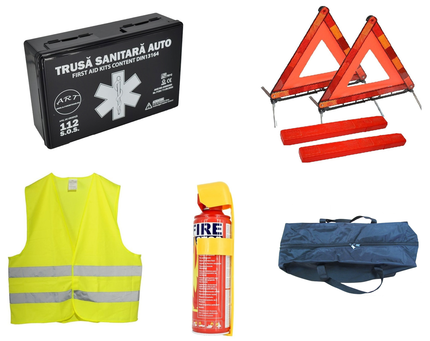 Kit siguranta auto ART, Omologat R.A.R, Valabilitate 5 ani, 1x Trusa Prim Ajutor, 2 x Triunghiuri, 1x Stingator tip Spray, 1x Vesta reflectorizanta, Geanta pentru depozitare