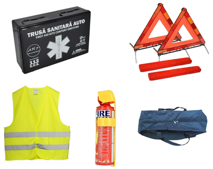 Kit siguranta auto ART, Omologat R.A.R, Valabilitate 5 ani, 1x Trusa Prim Ajutor, 2 x Triunghiuri, 1x Stingator tip Spray, 1x Vesta reflectorizanta, Geanta pentru depozitare