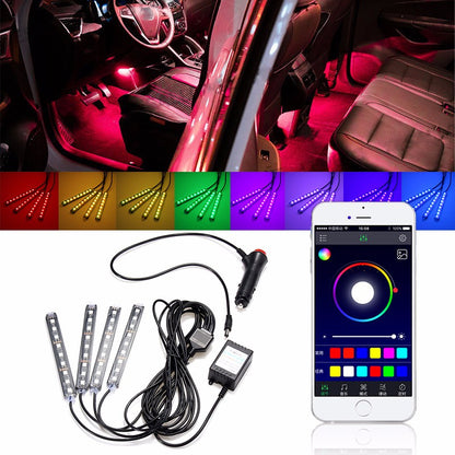 Kit interior LED SMD RGB 32cm Idealstore, aplicatie telefon cu bluetooth, jocuri de lumini, 7 culori