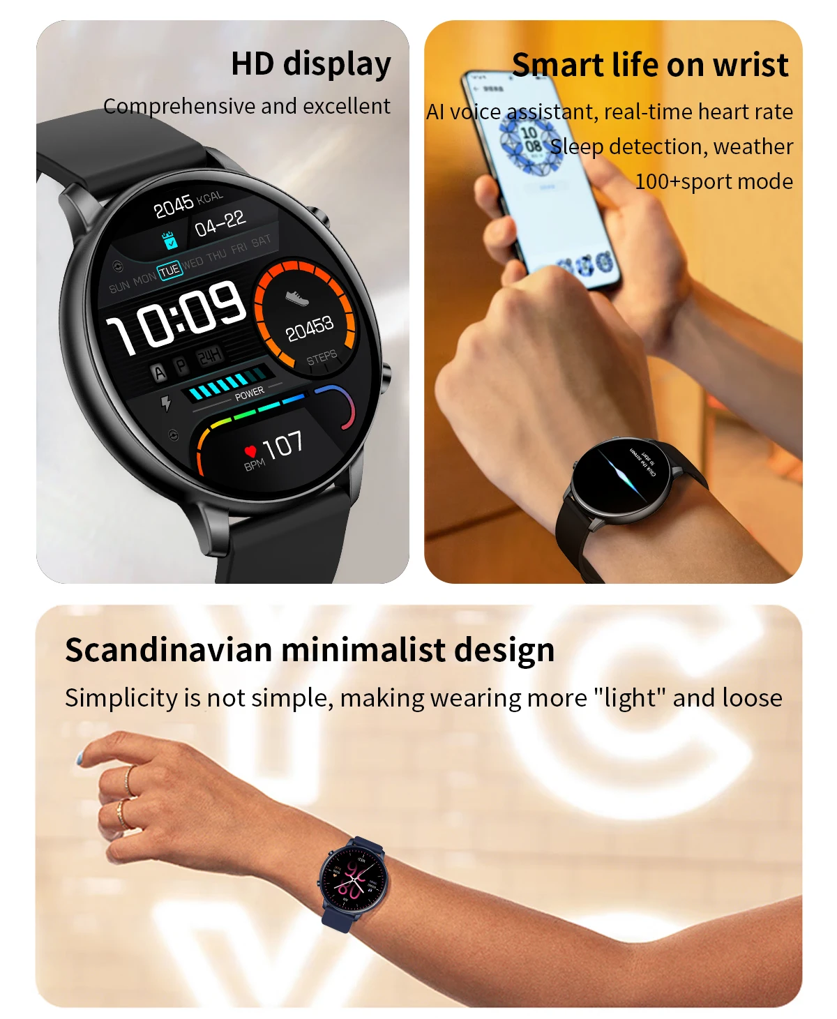 Ceas Smartwatch idealSTORE KooPio2, Apel Bluetooth, Asistent Vocal, Carcasa Slim din Aluminiu, Afisaj HD, 100+ Moduri Sport, Management Somn, Monitorizare Sanatate, Monitorizare Respiratie, Culoare Negru