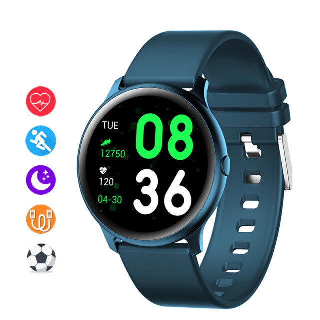 Ceas Smartwatch KingWear idealStore, Ecran Tactil HD 1.3 inch, Rezistent la Apa, Pedometru, Monitorizare Ritm Cardiac, Tensiune Arteriala, Sedentary Reminder, Mod Sport, Albastru