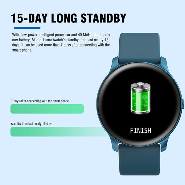 Ceas Smartwatch KingWear idealStore, Ecran Tactil HD 1.3 inch, Rezistent la Apa, Pedometru, Monitorizare Ritm Cardiac, Tensiune Arteriala, Sedentary Reminder, Mod Sport, Albastru