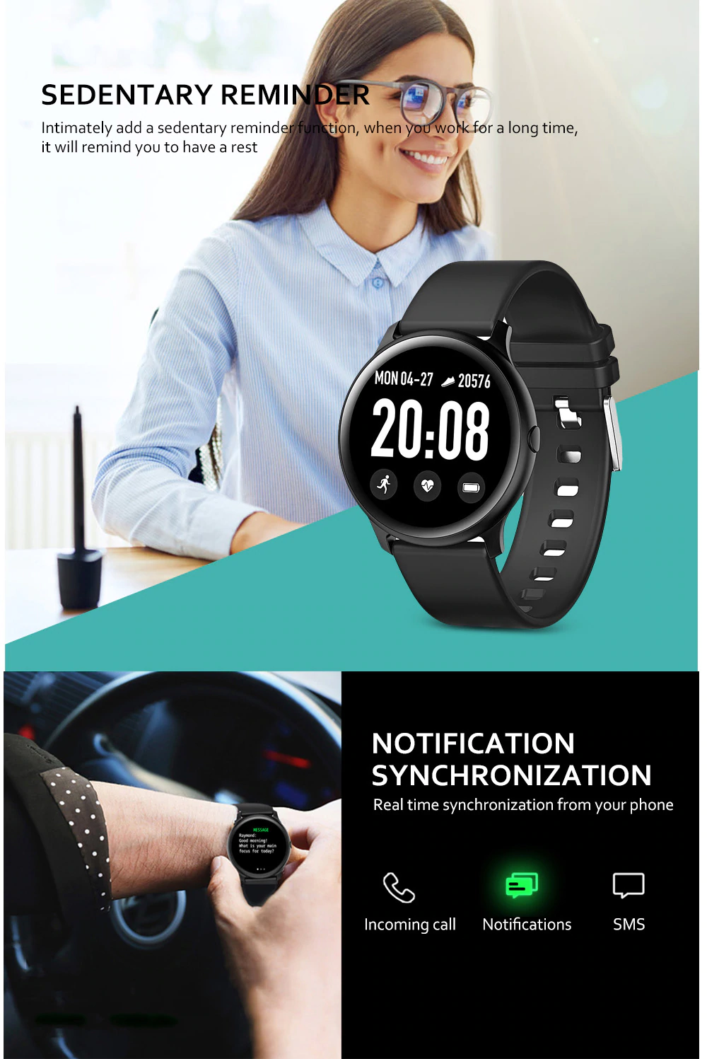 Ceas Smartwatch KingWear idealStore, Ecran Tactil HD 1.3 inch, Rezistent la Apa, Pedometru, Monitorizare Ritm Cardiac, Tensiune Arteriala, Sedentary Reminder, Mod Sport, Negru