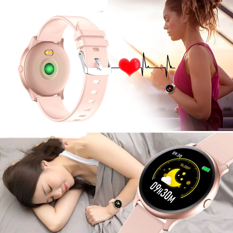 Ceas Smartwatch KingWear idealStore, Ecran Tactil HD 1.3 inch, Rezistent la Apa, Pedometru, Monitorizare Ritm Cardiac, Tensiune Arteriala, Sedentary Reminder, Moduri Sport, Roz