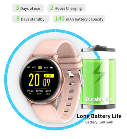 Ceas Smartwatch KingWear idealStore, Ecran Tactil HD 1.3 inch, Rezistent la Apa, Pedometru, Monitorizare Ritm Cardiac, Tensiune Arteriala, Sedentary Reminder, Moduri Sport, Roz