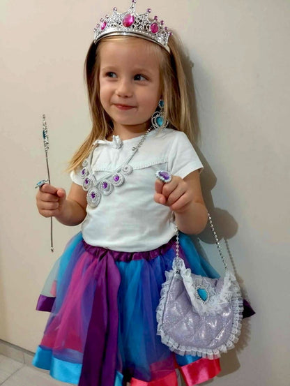 Costum de Printesa Carnaval idealSTORE, Setul Contine Fusta, Coroana, Colier, Cercei, 2 Inele, Sceptru, Poseta, Material Poliester, Bumbac, Plastic, Ideala petreceri si Aniversari, Marime Universala