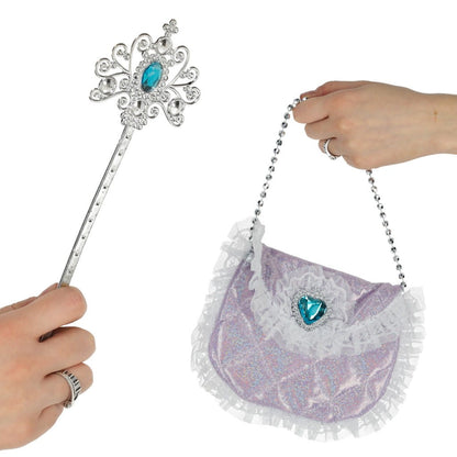 Costum de Printesa Carnaval idealSTORE, Setul Contine Fusta, Coroana, Colier, Cercei, 2 Inele, Sceptru, Poseta, Material Poliester, Bumbac, Plastic, Ideala petreceri si Aniversari, Marime Universala